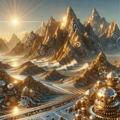 The primary subject of the image is a futuristic landscape featuring a mountain range with a sun in the background. The setting is a digital artwork, showcasing a unique visual style. The colors and mood of the image are predominantly silver and gold, giving it a sleek and sophisticated appearance.